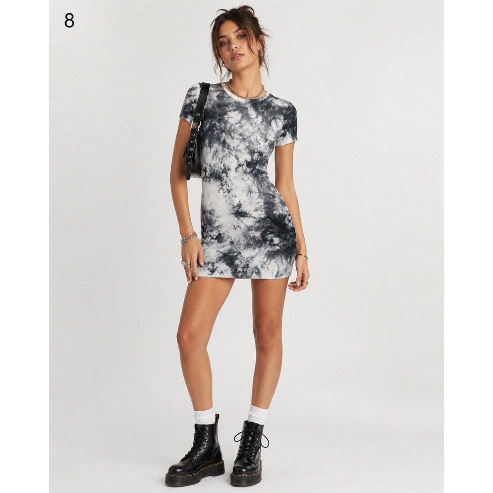 Princess Polly Ribbed Body Con‎ Dress Womens 6 Gray White Cotton Tie Dye